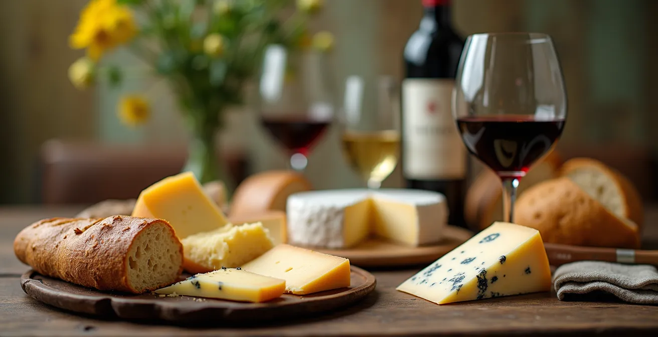 Close-up photo of artisan French cheese and wine glasses on a rustic wooden table