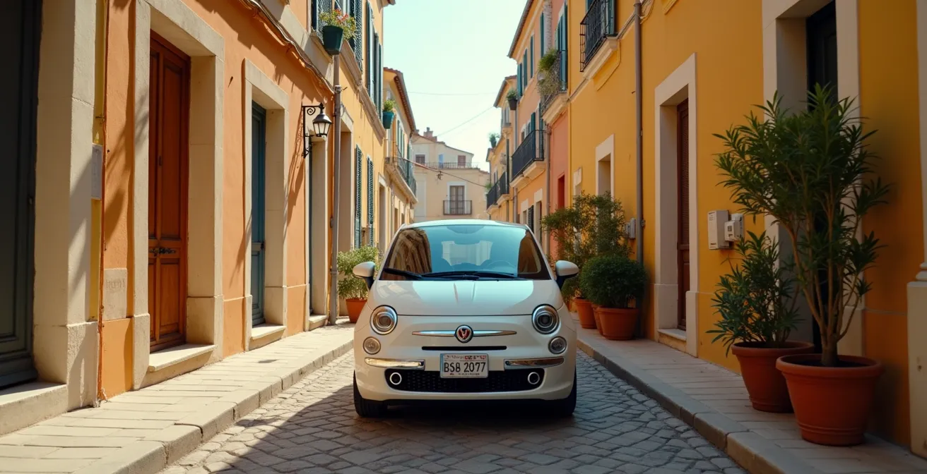 Car driving carefully on narrow, cobblestone street typical of old Saint-Tropez quarters