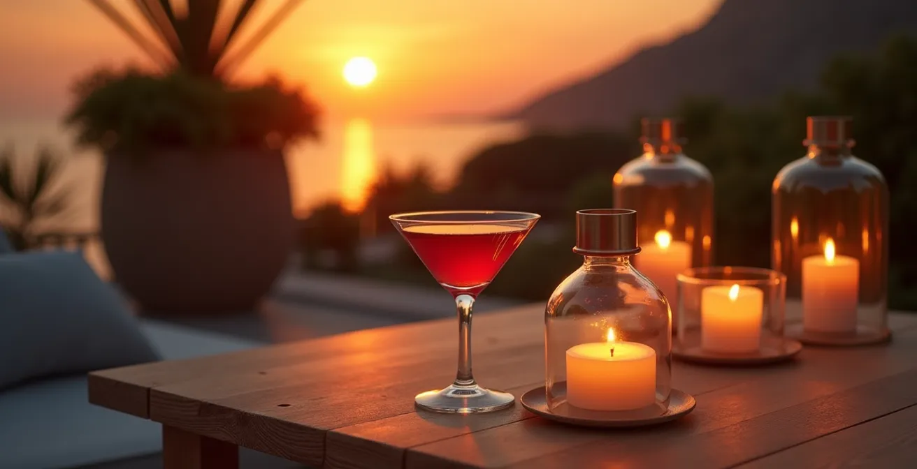 Sunset terrace of a luxury villa with cocktails and ambient lighting evoking glamour and relaxation