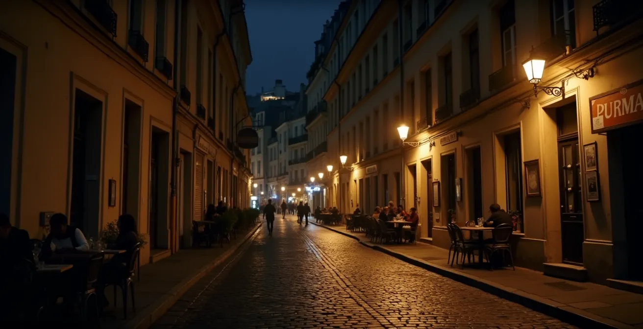 A quiet, lamp-lit winding street in Montmartre at night