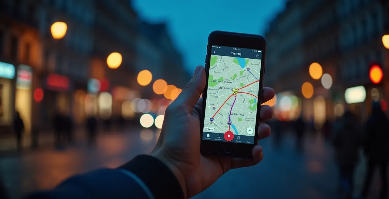 Conceptual illustration of modern tech map navigation at night in Paris