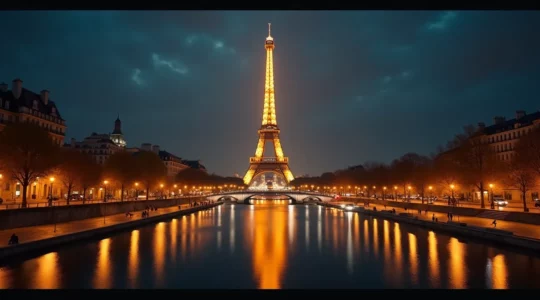 A breathtaking nighttime cityscape of Paris with the illuminated Eiffel Tower as the glowing centerpiece