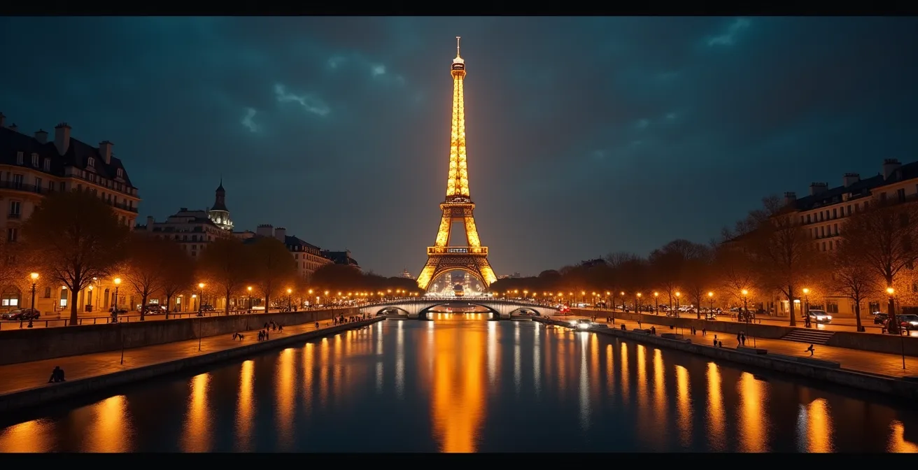 A breathtaking nighttime cityscape of Paris with the illuminated Eiffel Tower as the glowing centerpiece