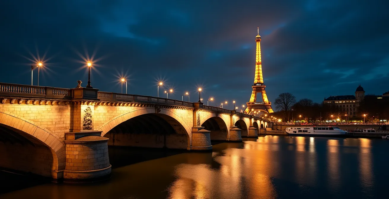 Pont d’Iéna bridge lit at night with the Eiffel Tower glowing in the background