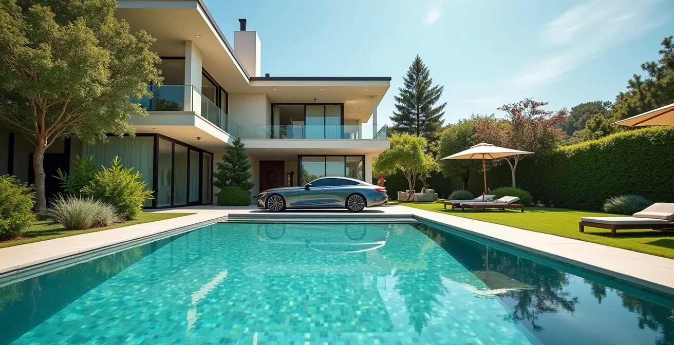 Luxury villa pool and garden area with a parked car nearby, perfect for relaxation and exploration