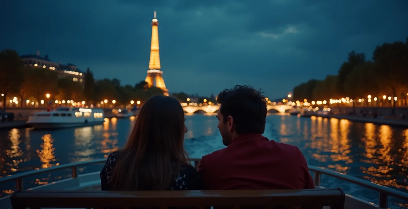 A romantic couple on a boat cruising the softly illuminated Seine River at night with city lights surrounding
