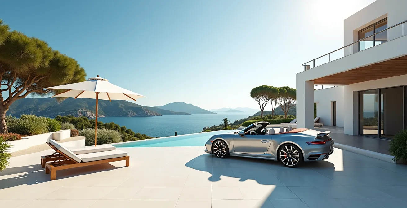 Luxurious villa with panoramic sea view and a convertible car parked in the driveway on the French Riviera