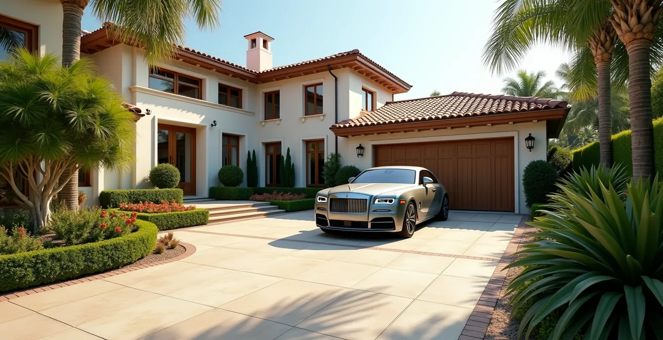 Spacious villa driveway with luxury car and lush garden landscaping