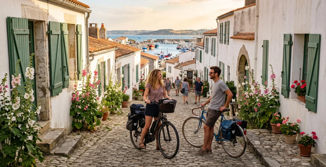 A couple with bicycles stands in a whitewashed village lane on Île de Ré.