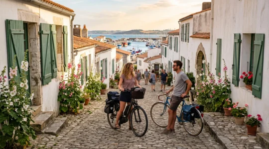 A couple with bicycles stands in a whitewashed village lane on Île de Ré.