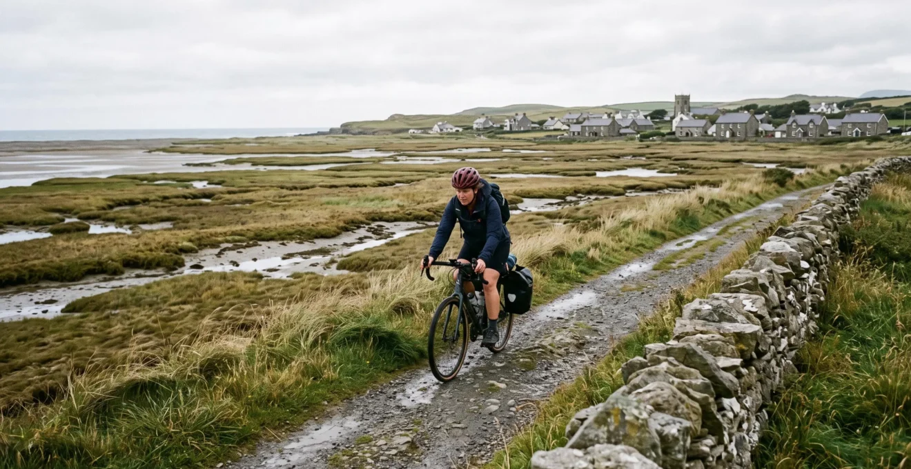 A cyclist rides along a coastal path near salt marshes and a village.