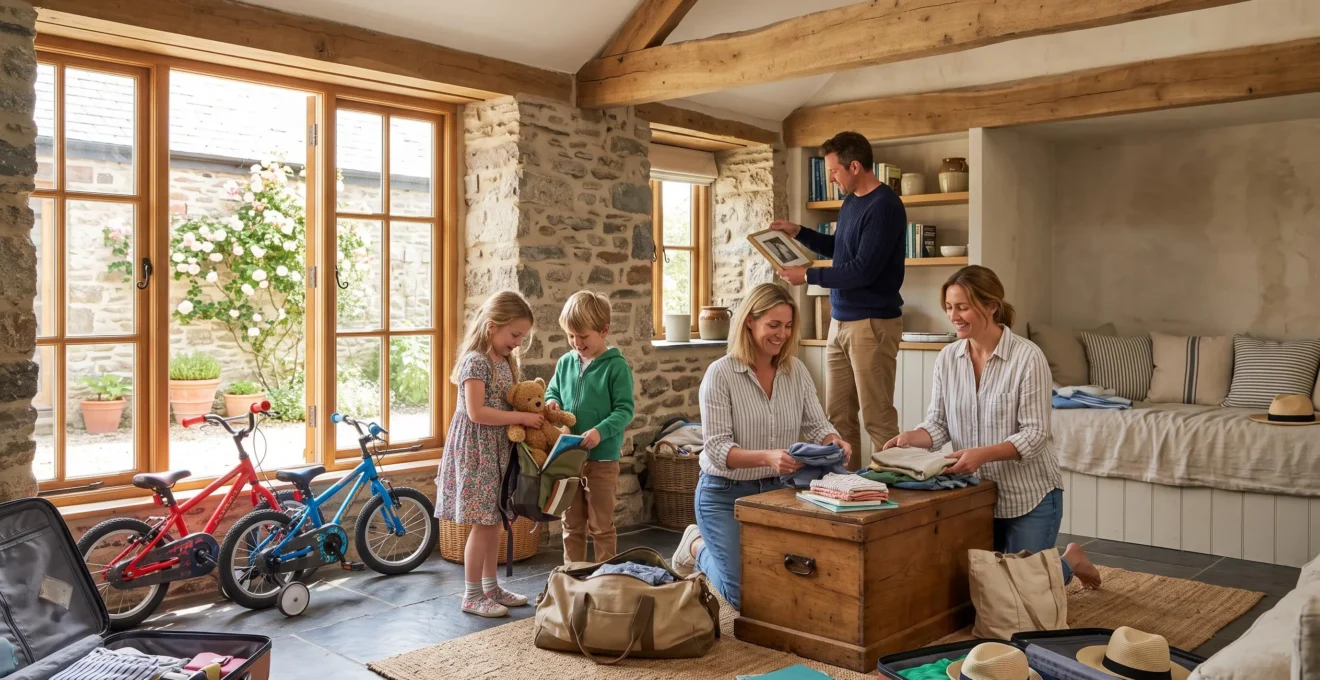 A family unpacks bags in a bright stone-walled holiday rental.