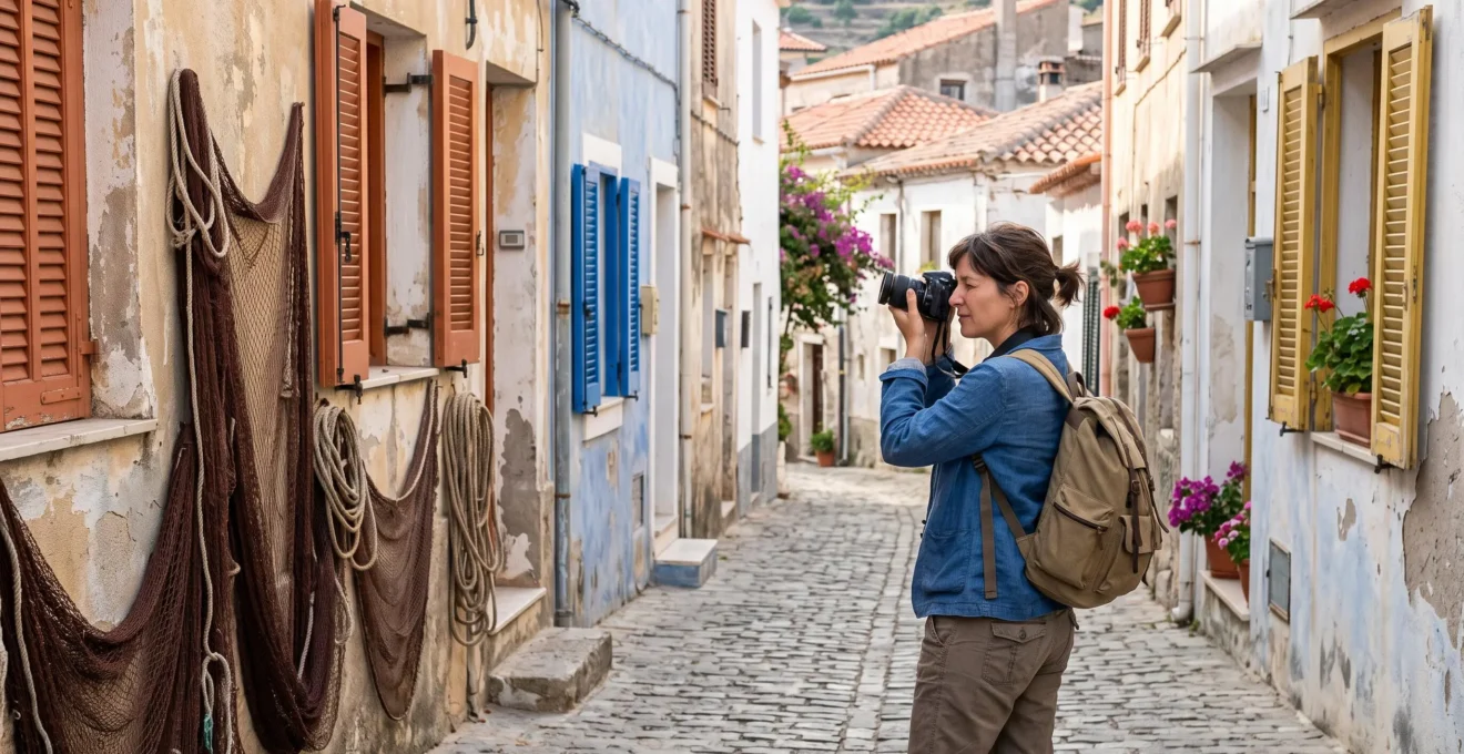 A woman photographs a narrow street of old fishermen's houses.